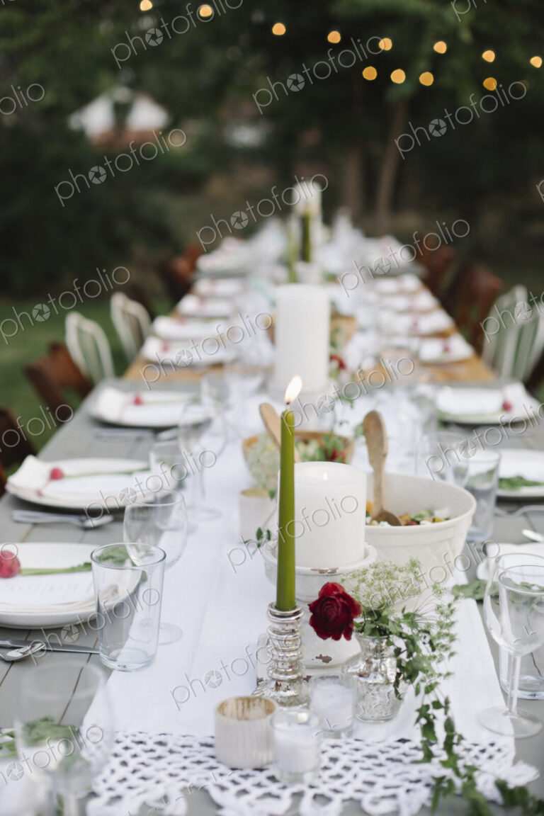 Long table set with plates and glasses, food and drink in a garden.
