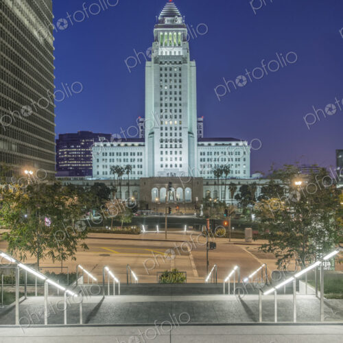 Los Angeles, the City Hall at Dawn, built in 1928, view across a public plaza. Los Angeles, the City Hall at Dawn, built in 1928, view across a public plaza.