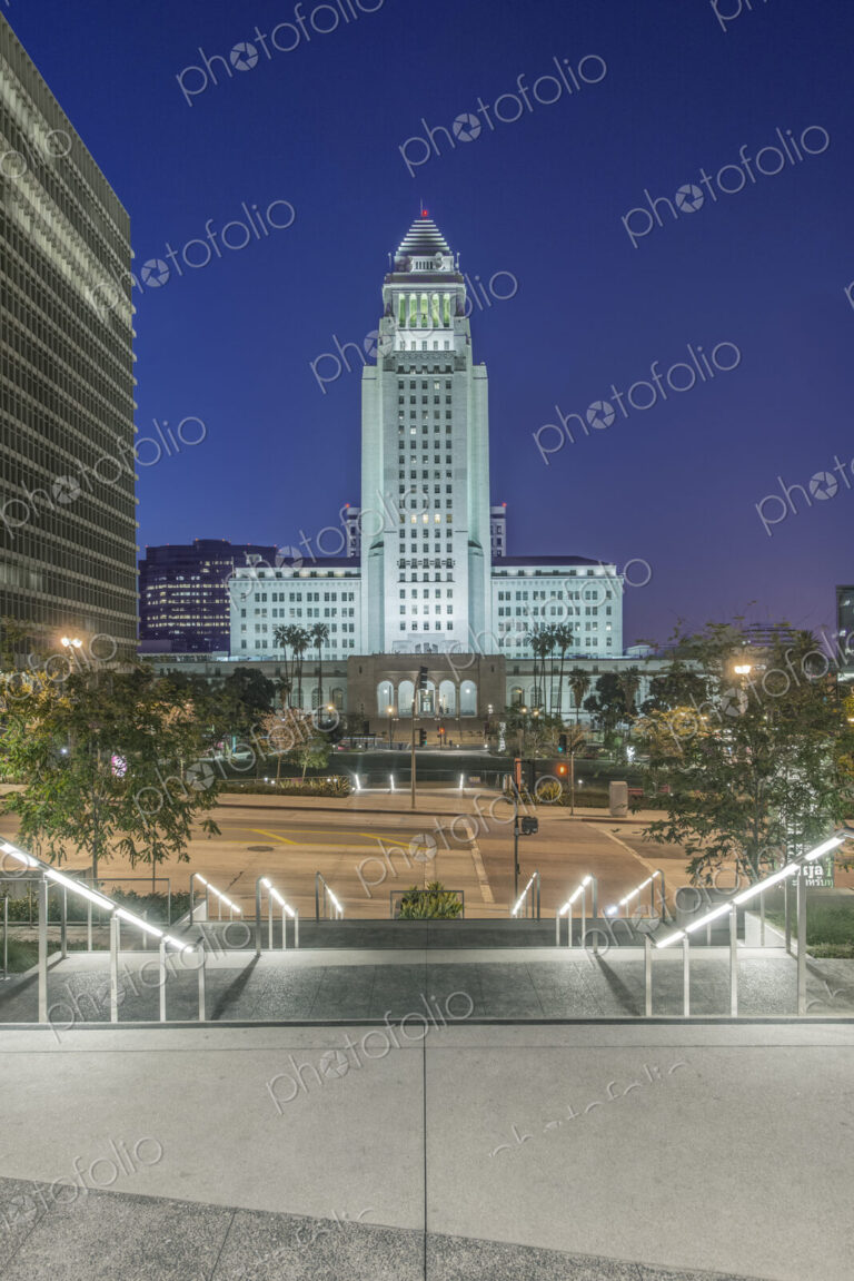 Los Angeles, the City Hall at Dawn, built in 1928, view across a public plaza.