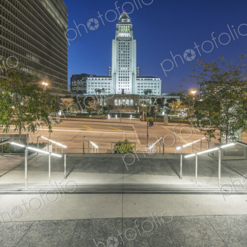 Los Angeles, the City Hall at Dawn, built in 1928, view across a public plaza. Los Angeles, the City Hall at Dawn, built in 1928, view across a public plaza.