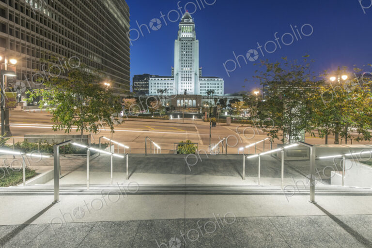 Los Angeles, the City Hall at Dawn, built in 1928, view across a public plaza.