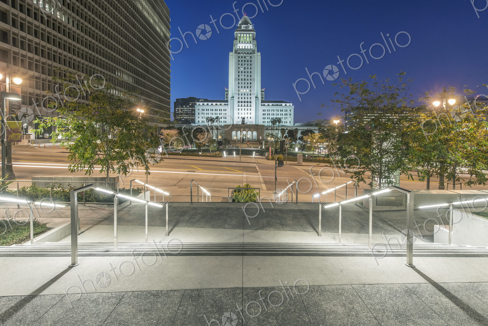 Los Angeles, the City Hall at Dawn, built in 1928, view across a public plaza.