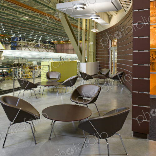 Lounge area in airplane hangar