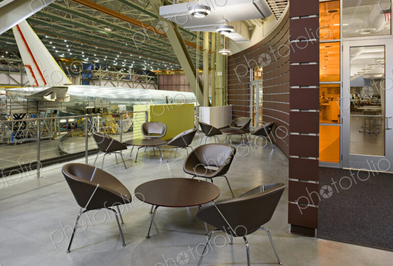 Lounge area in airplane hangar