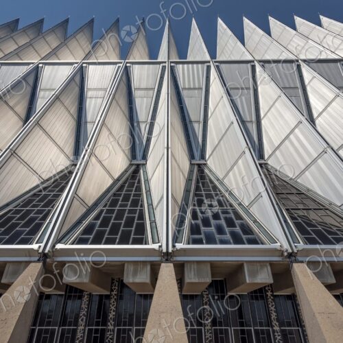 Low-angle close-up of the United States Air Force Academy Cadet Chapel in Colorado… Low-angle close-up of the United States Air Force Academy Cadet Chapel in Colorado…