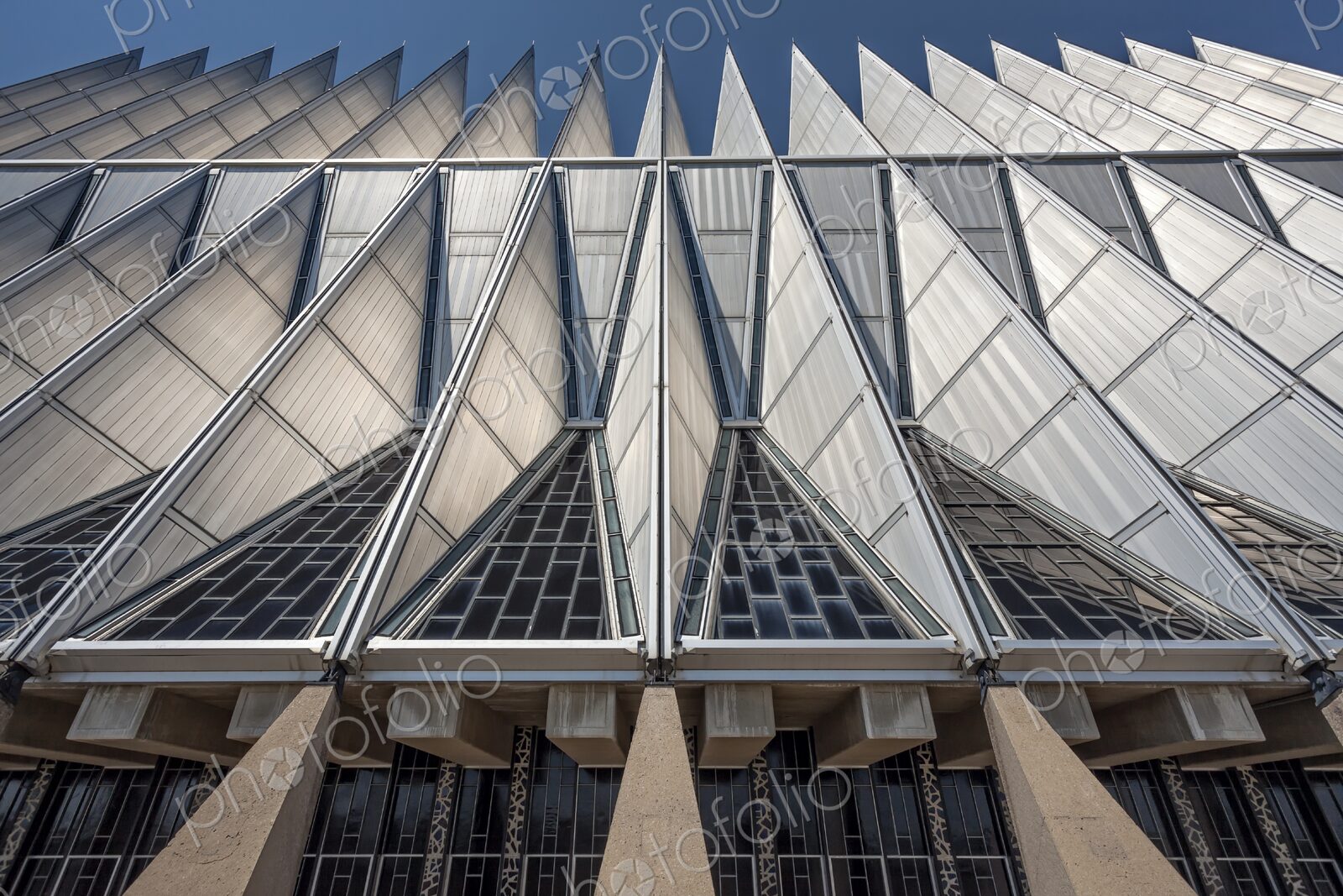 Low-angle close-up of the United States Air Force Academy Cadet Chapel in Colorado…