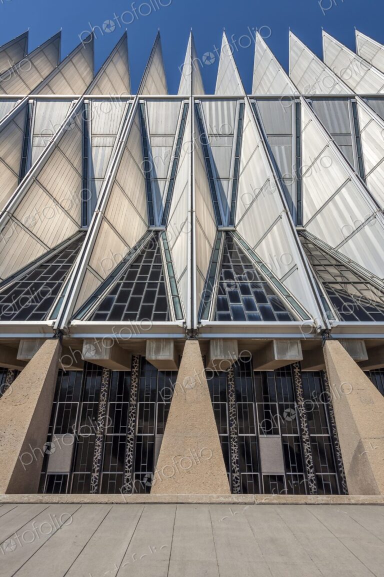 Low-angle close-up of the United States Air Force Academy Cadet Chapel in Colorado…