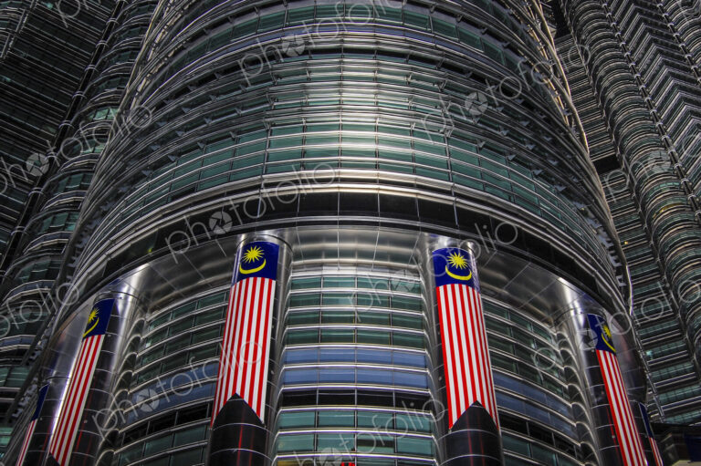 Low angle close up of the exterior of the Petronas Towers, Kuala Lumpur.