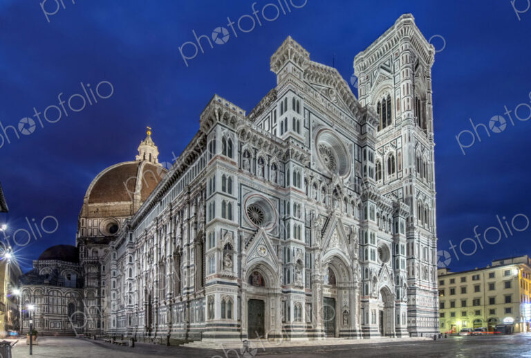 Low angle view of Basilica di Santa Maria del Fiore illuminated at night, Florence,…