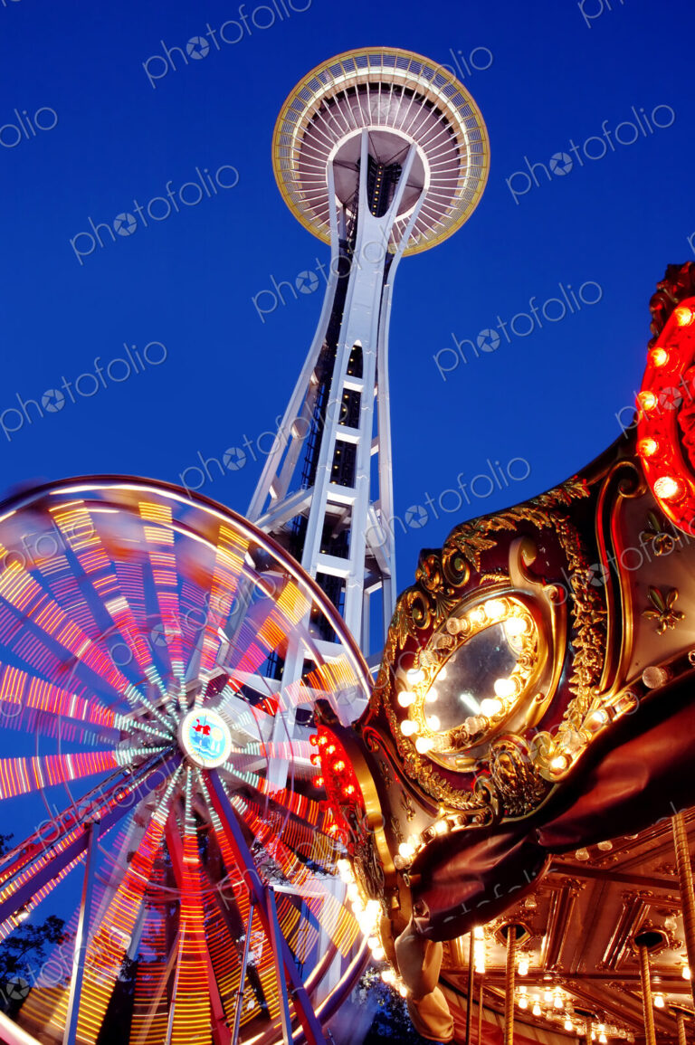 Low angle view of Space Needle, ferris wheel and carousel under night sky