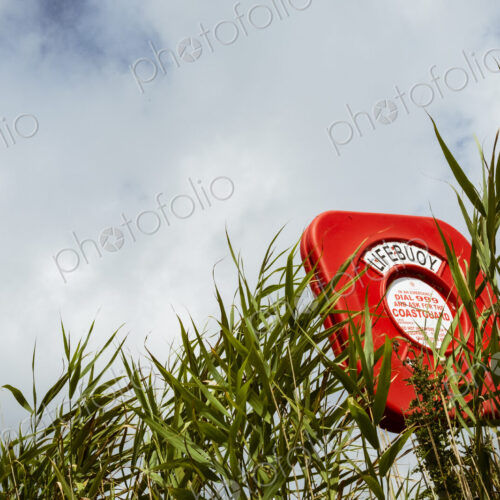Low angle view of a red lifebuoy post and a sign, instructions to contact the… Low angle view of a red lifebuoy post and a sign, instructions to contact the…