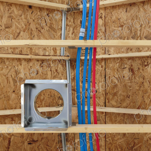 Low angle view of ceiling beams in new house