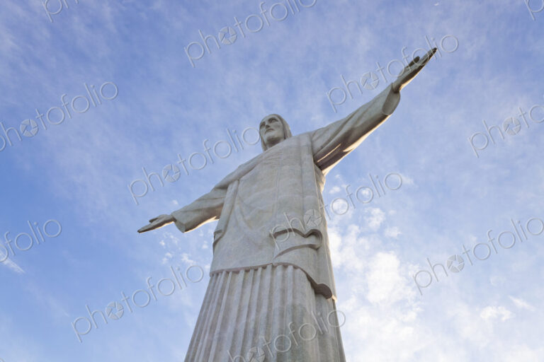 Low angle view of colossal Christ Redeemer statue, Corcovado, Rio de Janeiro, Brazil.