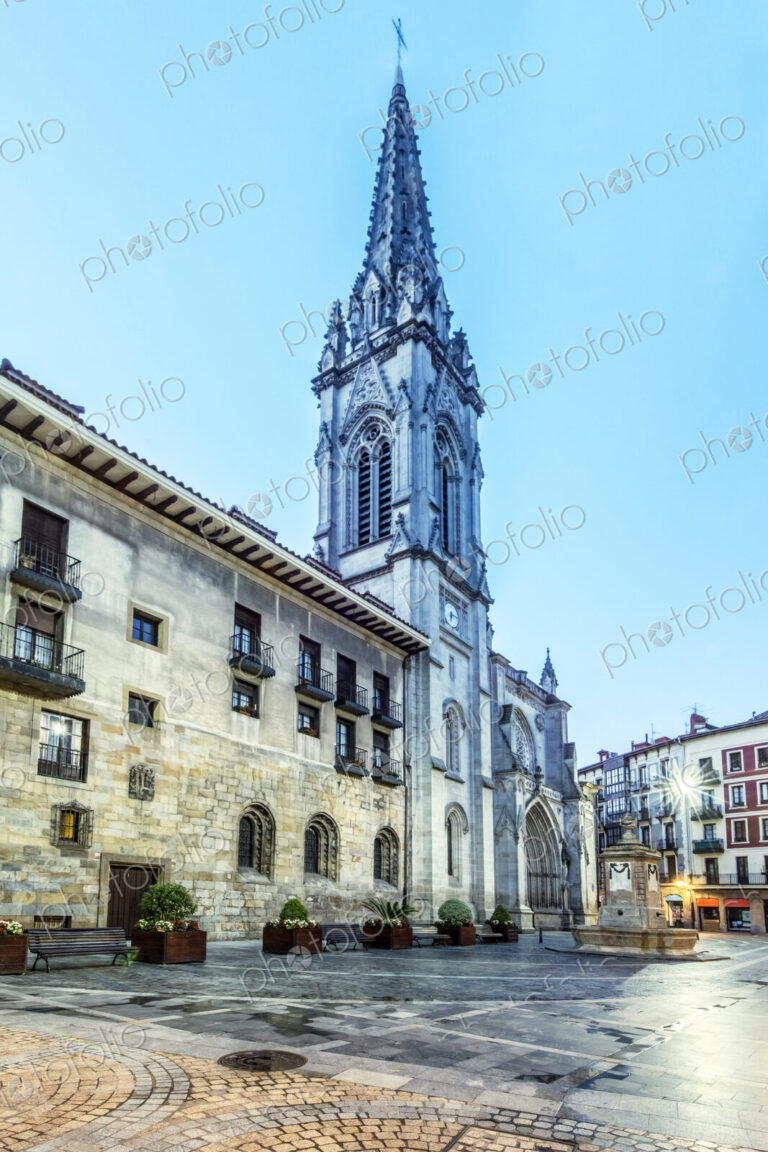 Low angle view of ornate church, Bilbao, Biscay, Spain