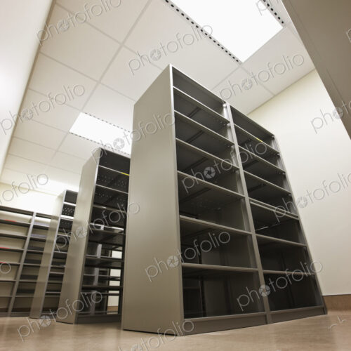 Low angle view of server towers or bookshelves.