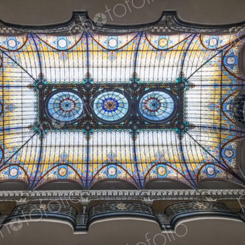 Low angle view of stained glass ceiling in a hotel