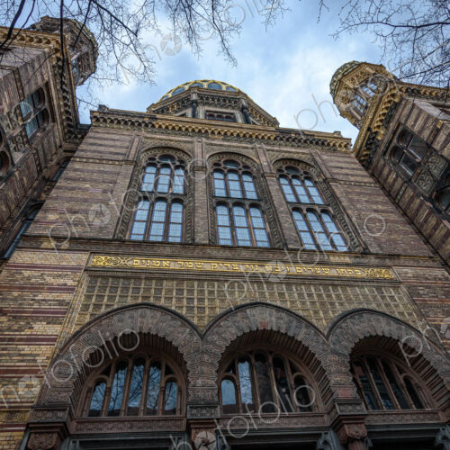 Low angle view of the facade of the New Synagoge in Berlin, Germany