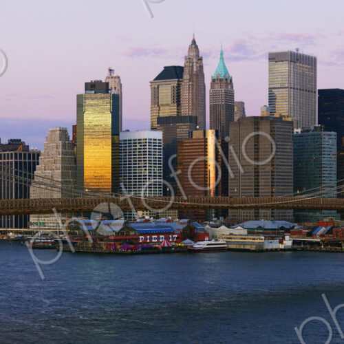 Lower Manhattan Skyline and Brooklyn Bridge at Dawn Lower Manhattan Skyline and Brooklyn Bridge at Dawn