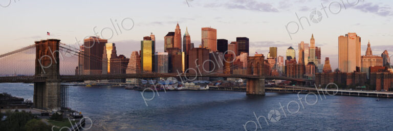 Lower Manhattan Skyline and Brooklyn Bridge at Dawn