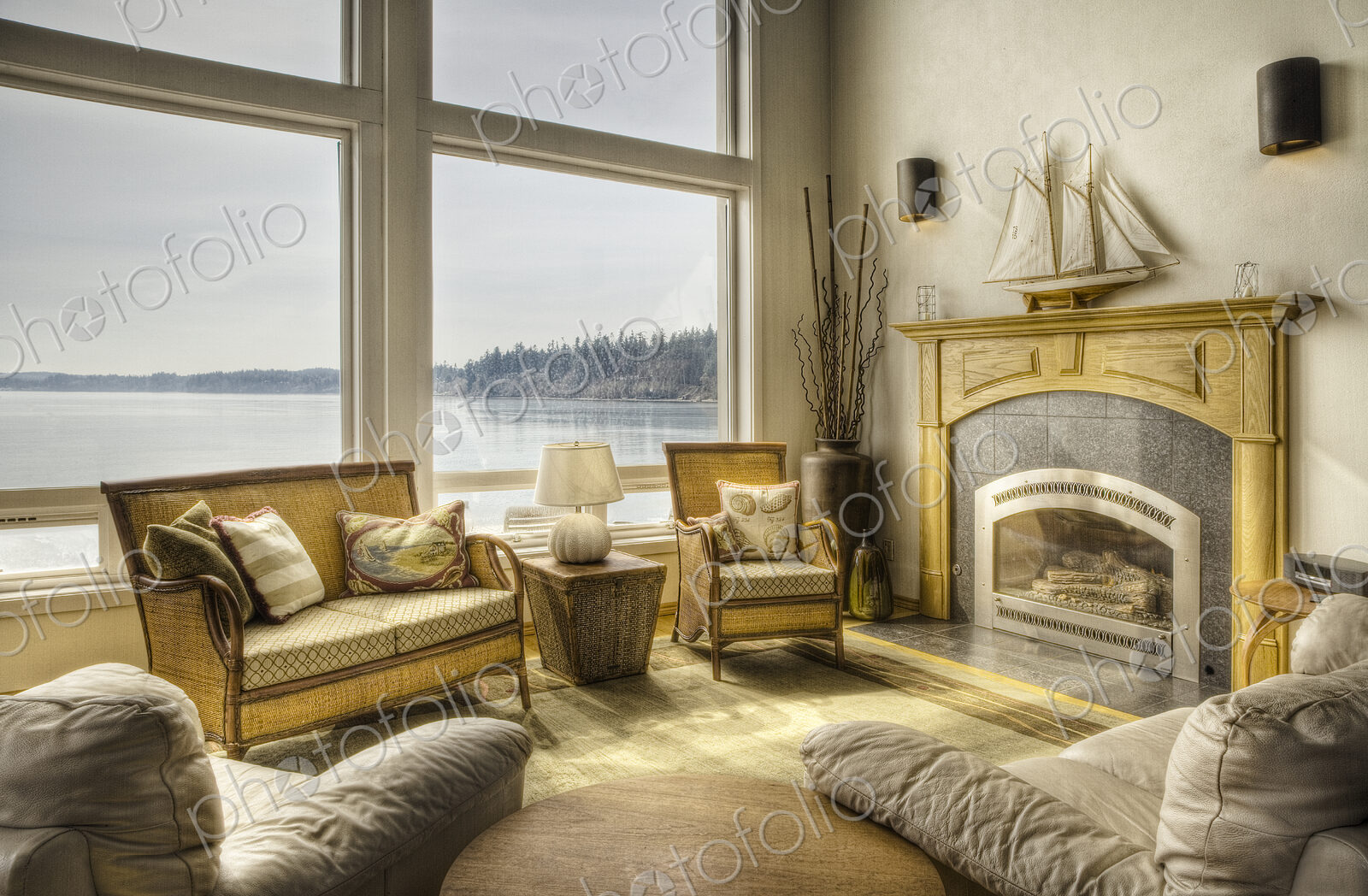 Luxury living room overlooking lake
