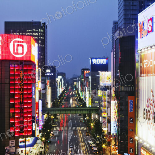 Main Street Through an Asian Downtown at Dusk