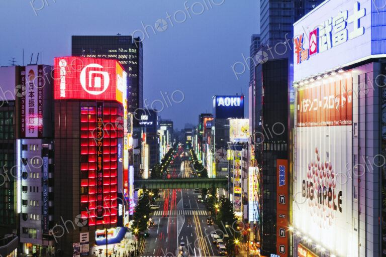 Main Street Through an Asian Downtown at Dusk