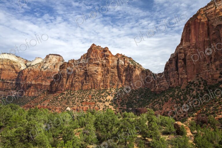 Majestic red rock cliffs rise above a lush green canyon in Zion National Park, Utah,…