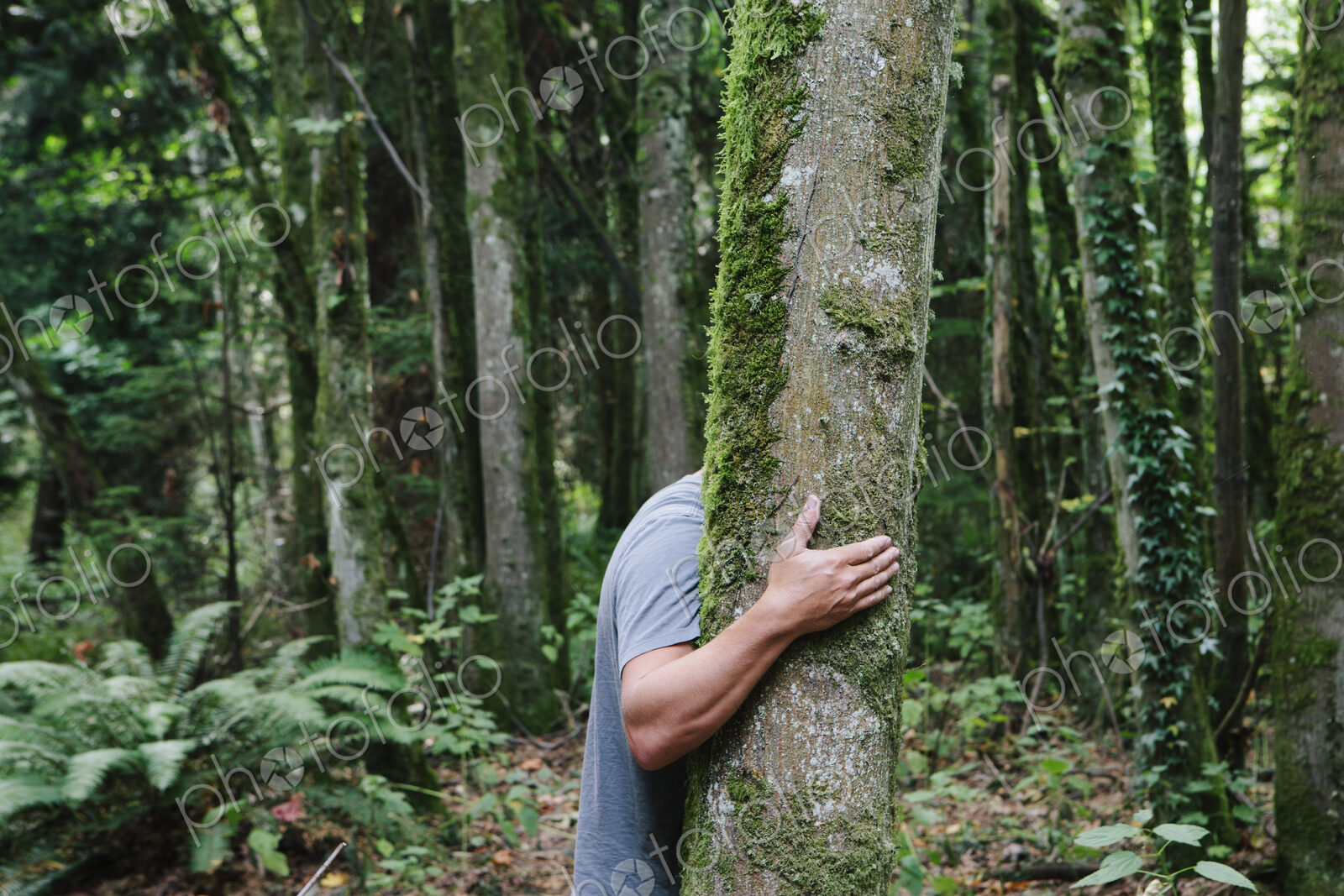Man hugging tree in lush, green forest