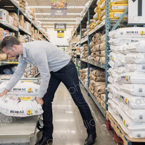 Man loading sack of groceries onto a cart in a wholesaler.