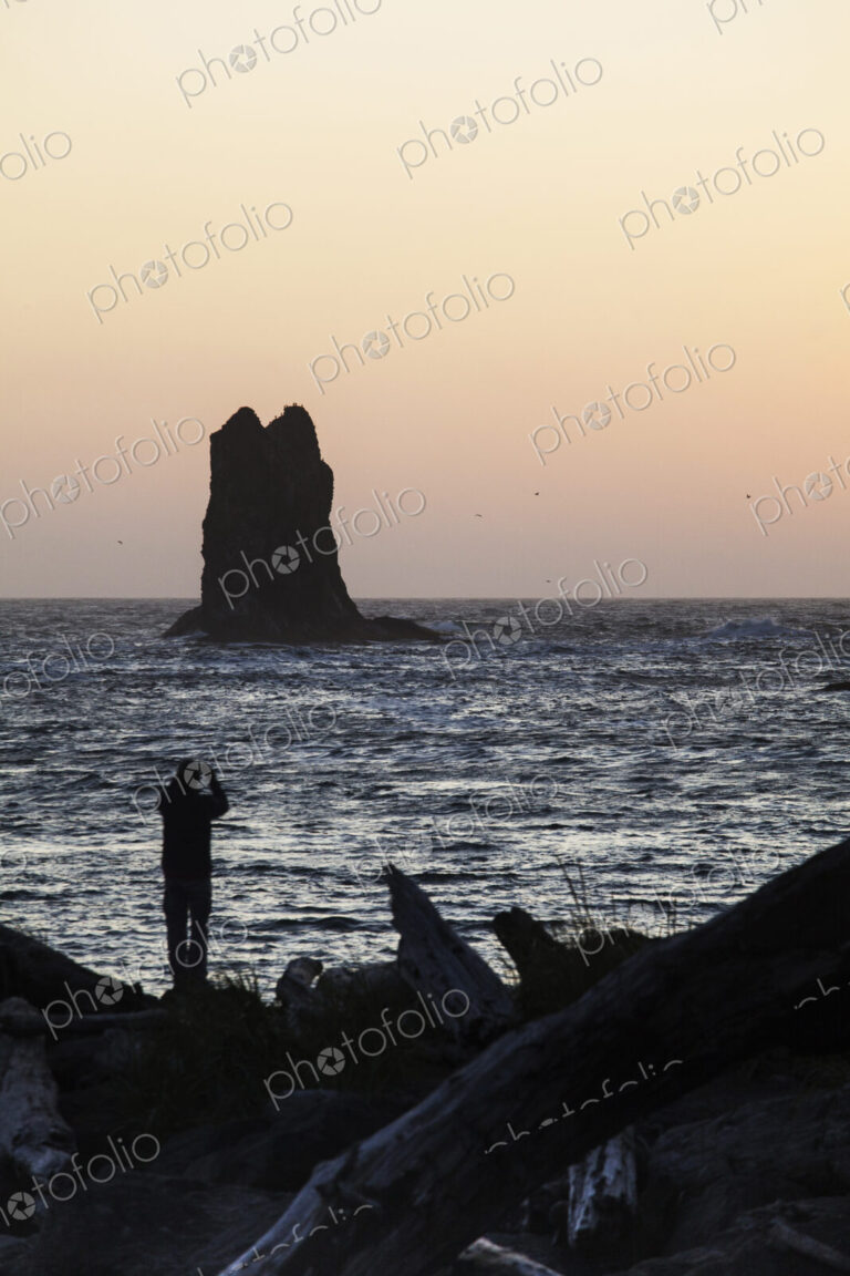 Man looking out to sea on La Push beach, Quileute Nation.