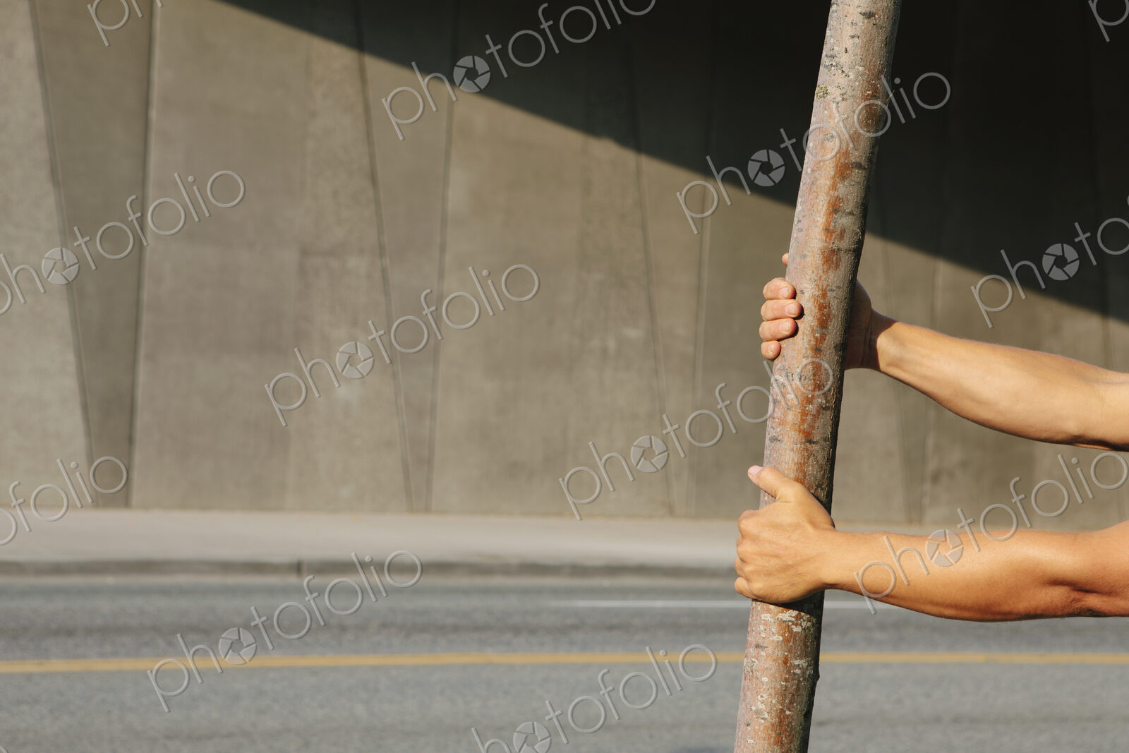 Man pulling on a small tree, on a city sidewalk.