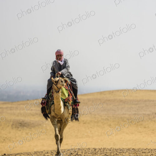 Man riding a camel in the desert outside Cairo