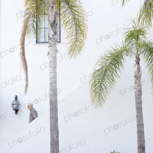Man walking down a staircase in the distance, palm trees. Man walking down a staircase in the distance, palm trees.