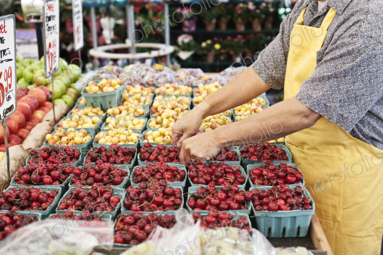 Man wearing apron standing at stall with punnets of fresh cherries at a fruit and…