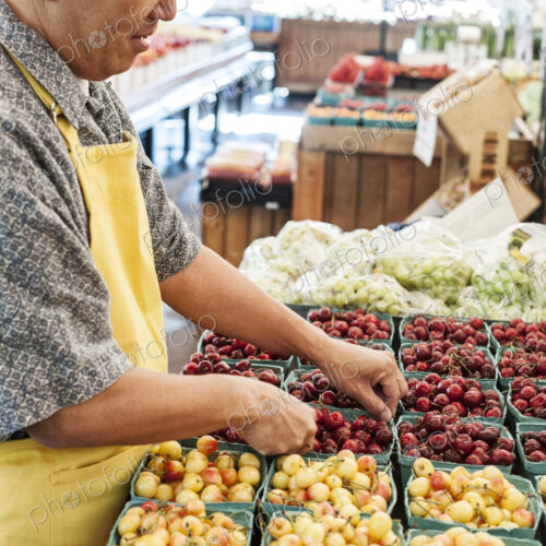 Man wearing apron standing at stall with punnets of fresh cherries at a fruit and… Man wearing apron standing at stall with punnets of fresh cherries at a fruit and…