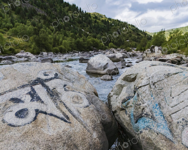 Mani Rocks in a River Tagong, Sichuan Province, Kham Tibet,