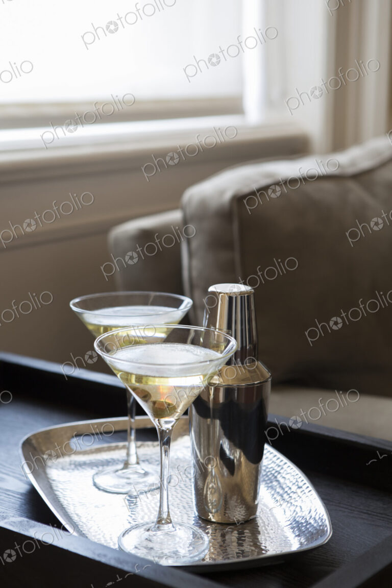 Martinis on tray in modern living room