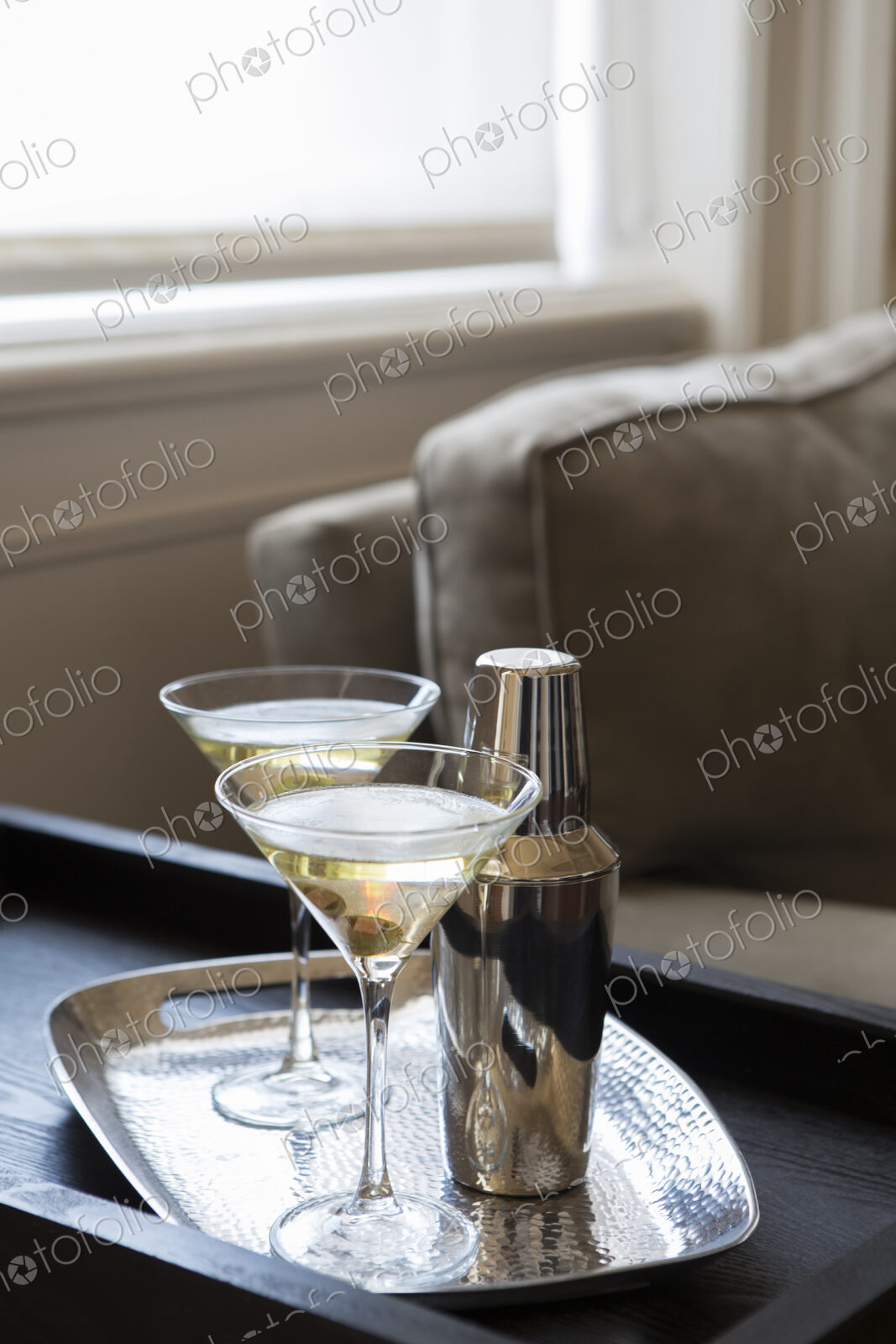 Martinis on tray in modern living room