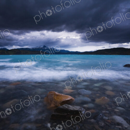 Meltwater from glaciers pour into Lago del Toro in the Magallanes region of southern…