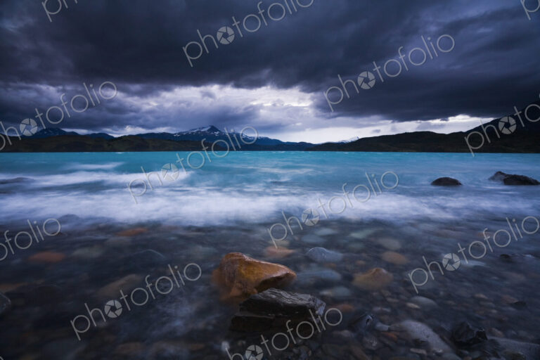 Meltwater from glaciers pour into Lago del Toro in the Magallanes region of southern…