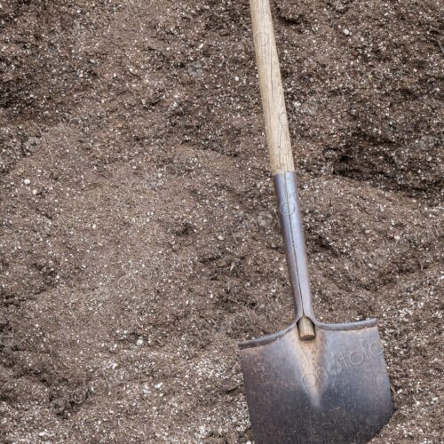 Metal shovel resting in a large pile of fertilizer at a commercial plant nursery in… Metal shovel resting in a large pile of fertilizer at a commercial plant nursery in…