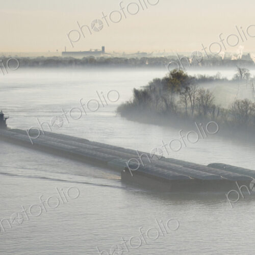 Mist Shrouded River and Tugboat