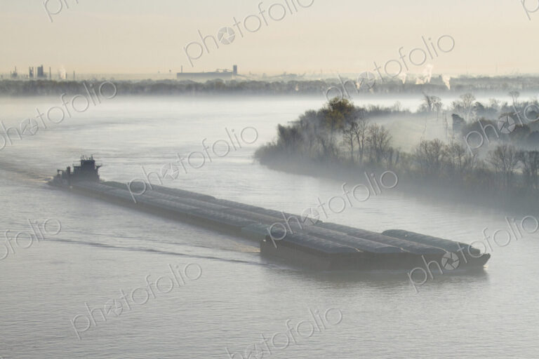 Mist Shrouded River and Tugboat