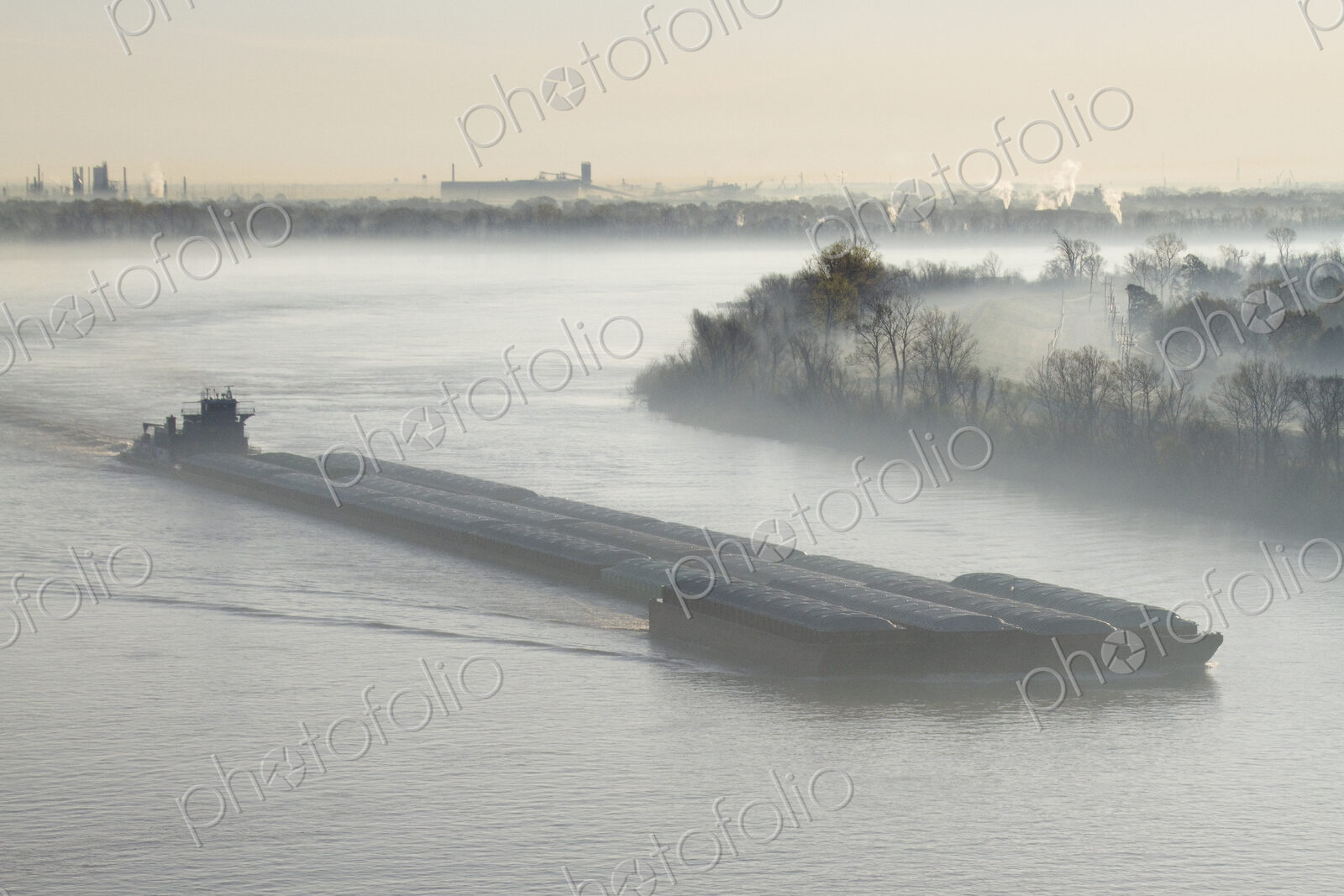 Mist Shrouded River and Tugboat