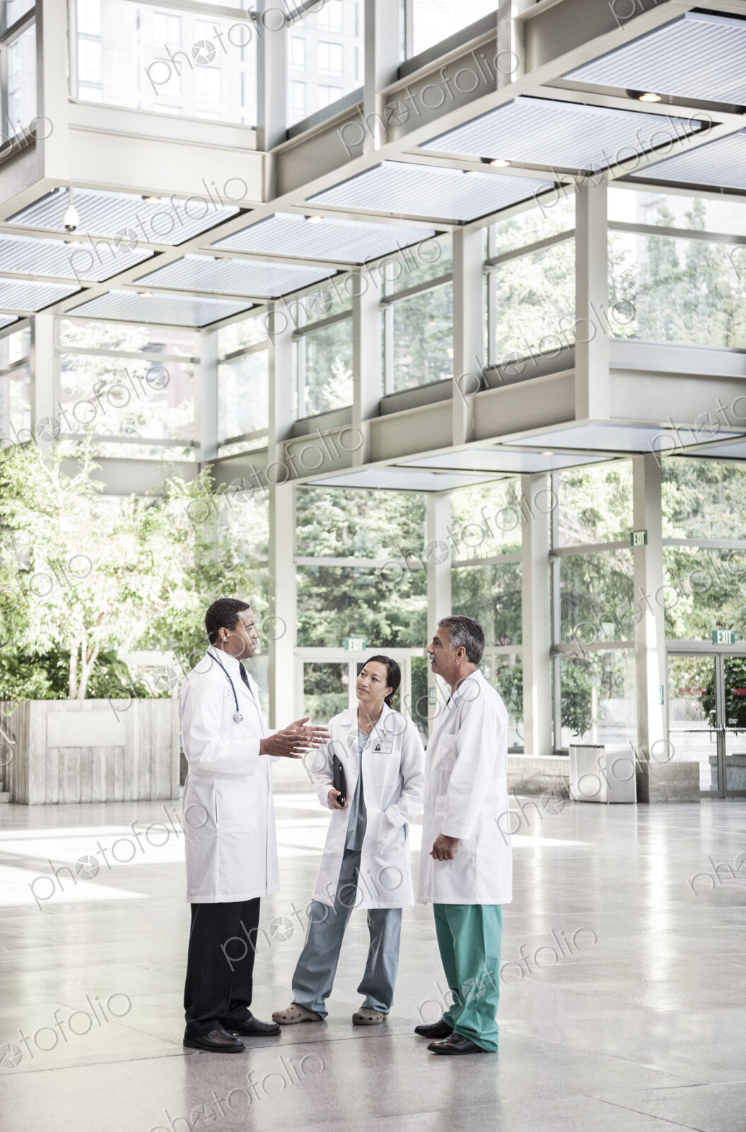 Mixed race group of doctors meeting in lobby of large hospital