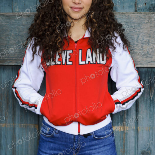 Mixed race woman wearing cleveland jacket