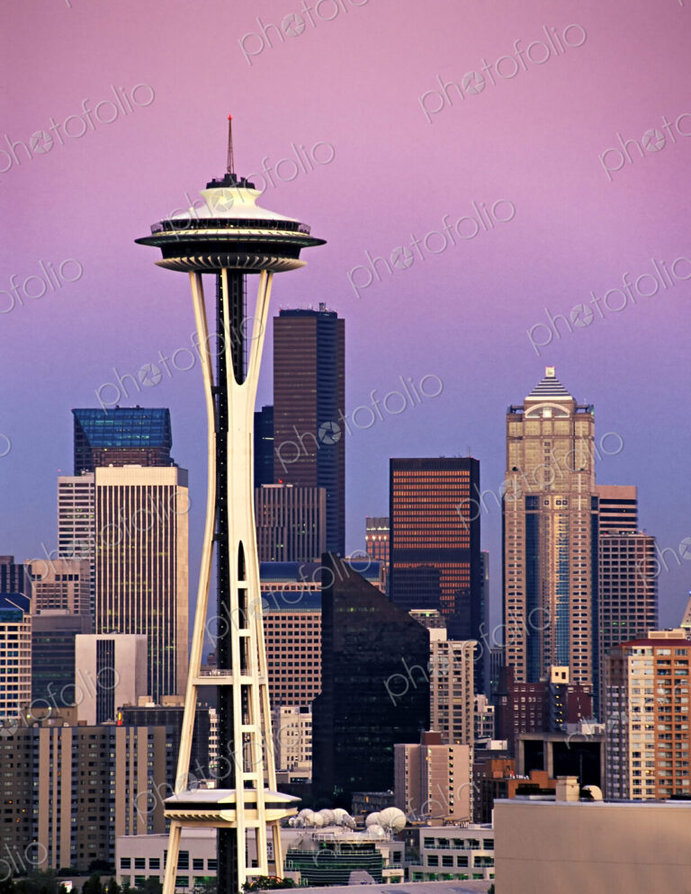Modern Seattle skyline at sunset, including space needle and skyscrapers.