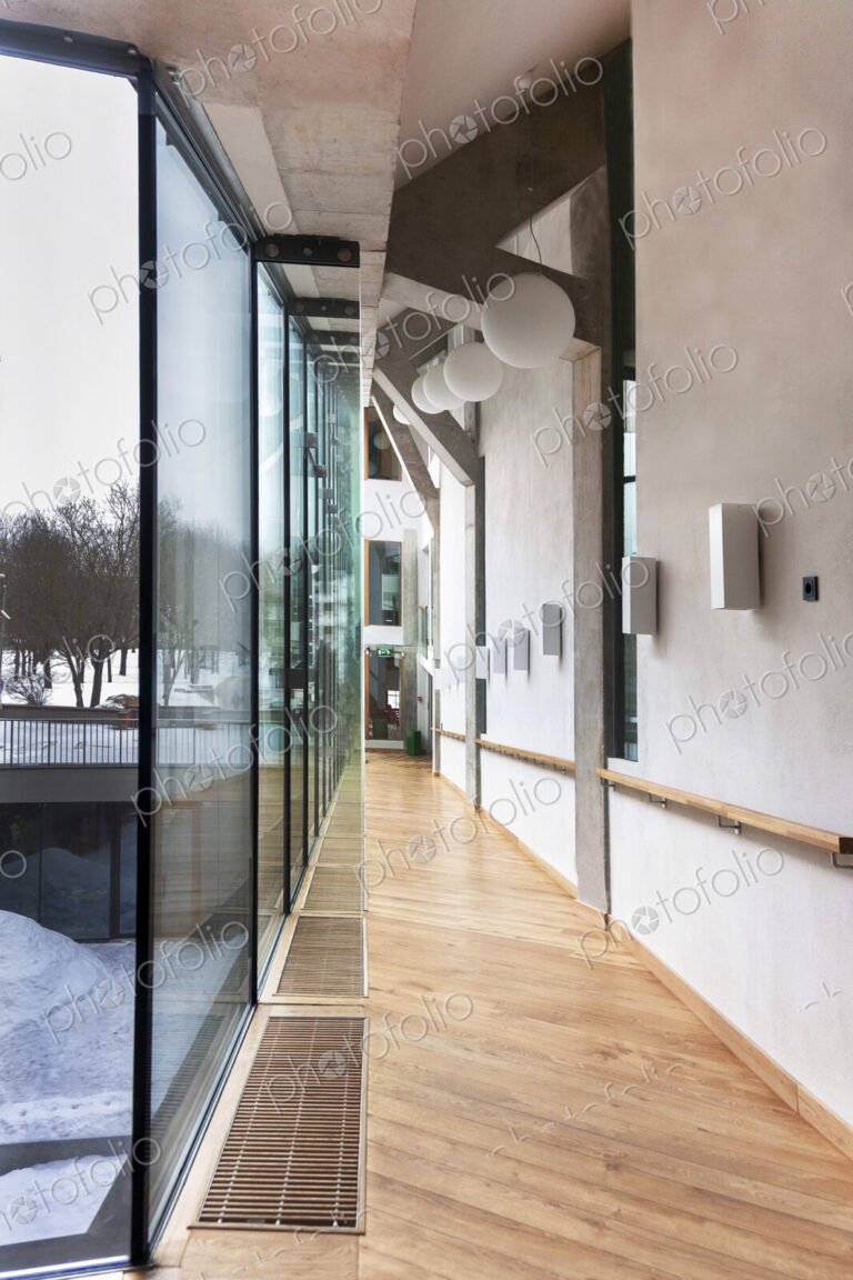 Modern building in a university, glass walls and an indoor walkway