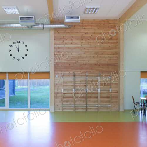 Modern children's day care or pre-school building, open indoors play area