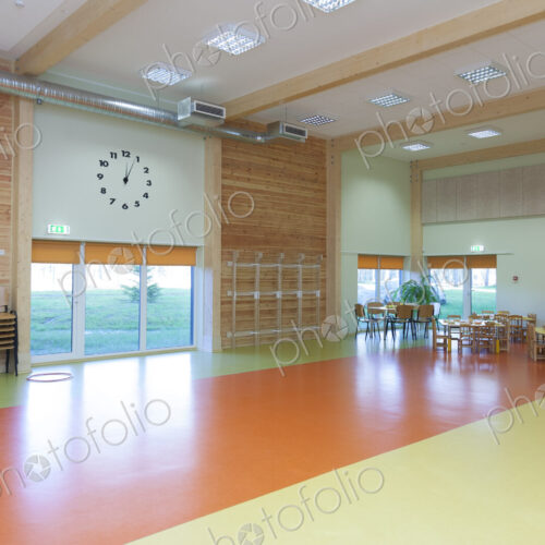 Modern children's day care or pre-school building, open indoors play area